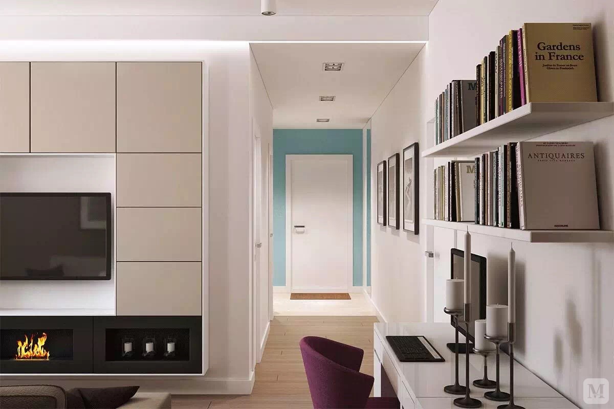 一室一厅的格局设计的重点还是利用所有的面积为业主创造出舒适宽敞的空间。对于室内的收纳并不是家具越多越好，参差不齐，规格不一样的家具反而浪费空间，立体集成式的壁柜才是创造奇迹高效率的储物模式。