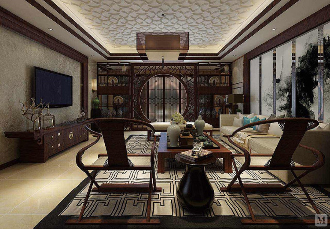 本案中中国传统元素、家居与现代材料完美结，庄重典雅。把传统的结构形式通过重新设计组合以另一种民族特色的标志符号出现。彰显出中国传统的室内设计风格。