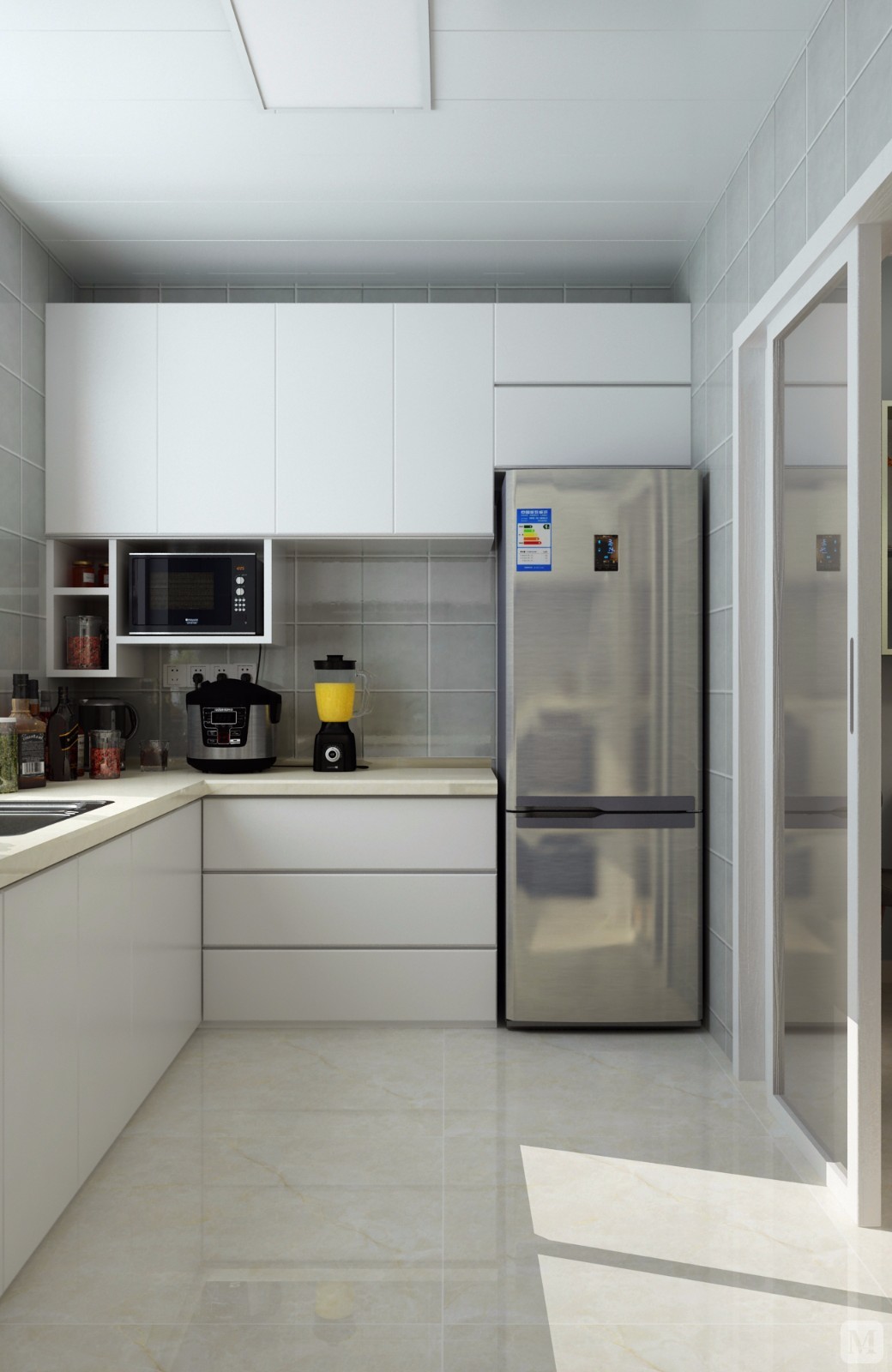镶嵌在橱柜里的冰箱和电磁炉,高效的节省了空间,让电器跟橱柜融为一体