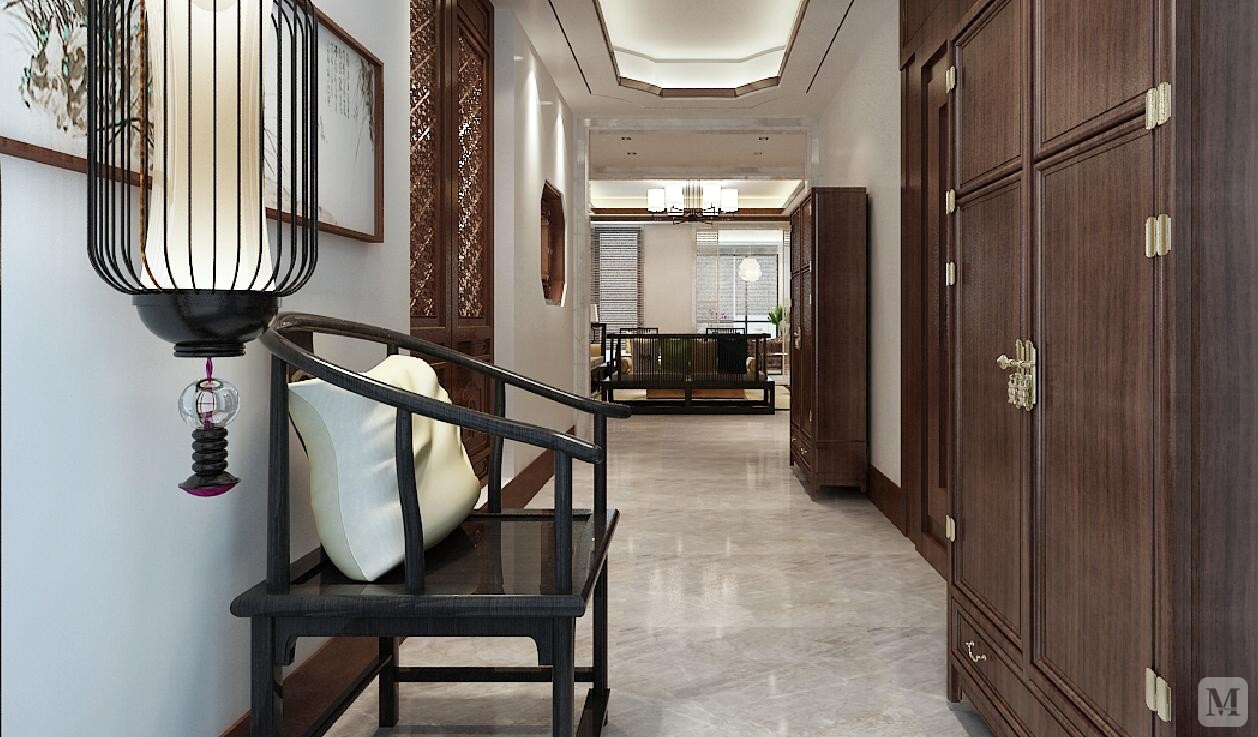 客厅是传统与现代居室风格的碰撞，设计师以现代的装饰手法和家具，结合古典中式的装饰元素，来呈现亦古亦今的空间氛围。