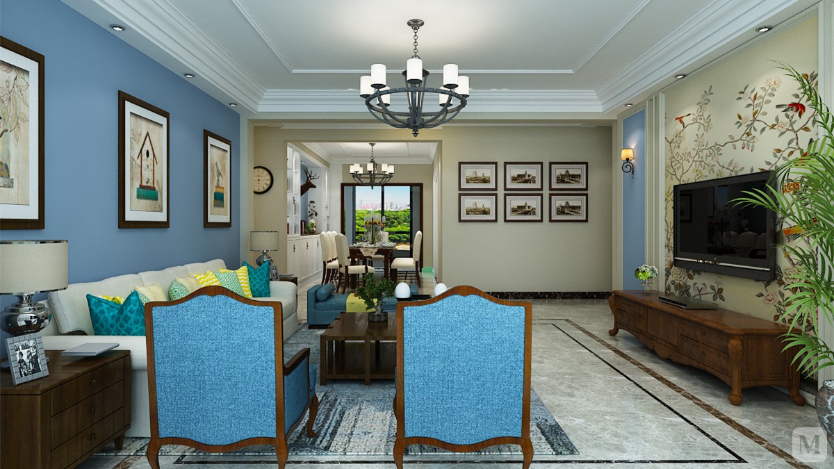 此方案定义为简风格，主色调以咔色和天蓝色为主，整体造型以舒适，明快为大体的设计方案。门厅把墙体拆除做成内嵌式的鞋柜，满足了门厅的储物功能增大了门厅的空间感，沙发背景以天蓝色为主做了背景色并以深色画框做装饰使整个背景的色彩感比较强，餐厅：做了一排分体式的酒柜，天蓝色加上配饰品是餐厅的风格和艺术感特别的强。过道顶部走了一圈成品的石膏线，使整个顶面不显得单调，从而简化了以前传统的老式吊顶。