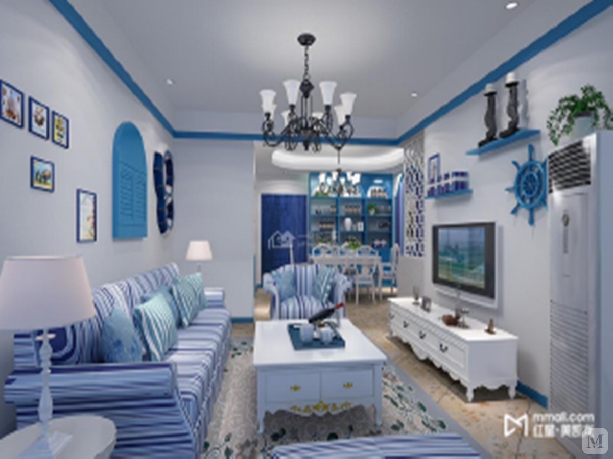 户主是三口之家，喜欢地中海清新蓝色调！在家具选配上，通过擦漆做旧的处理方式，搭配贝壳、鹅卵石等，表现出自然清新的生活氛围。将海洋元素应用到家居设计中，给人自然浪漫的感觉。在造型上，广泛运用拱门与半拱门，给人延伸般的透视感。