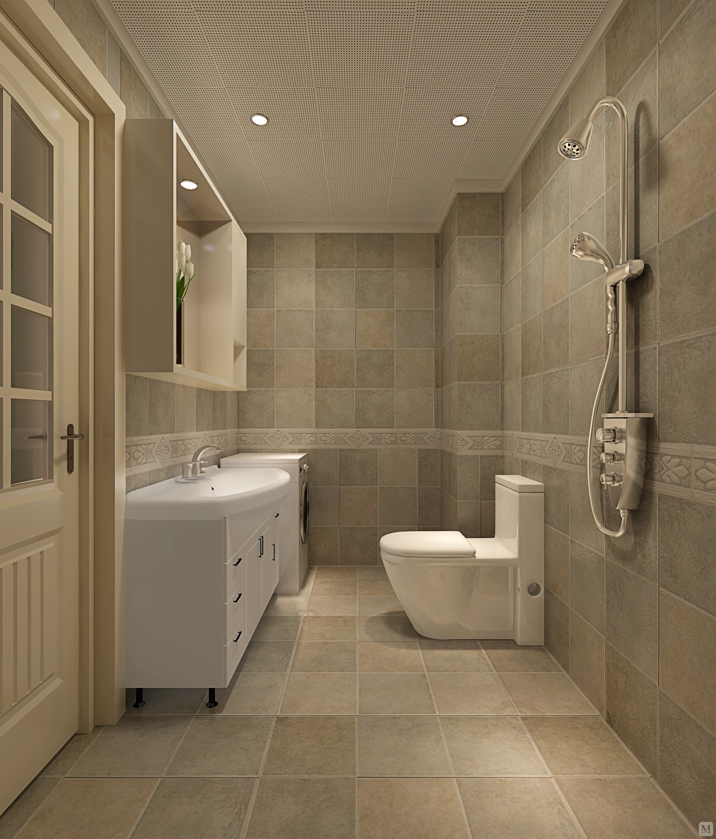 在设计方案中,地面通铺地砖,给人带来自然的质感,舒适美观.