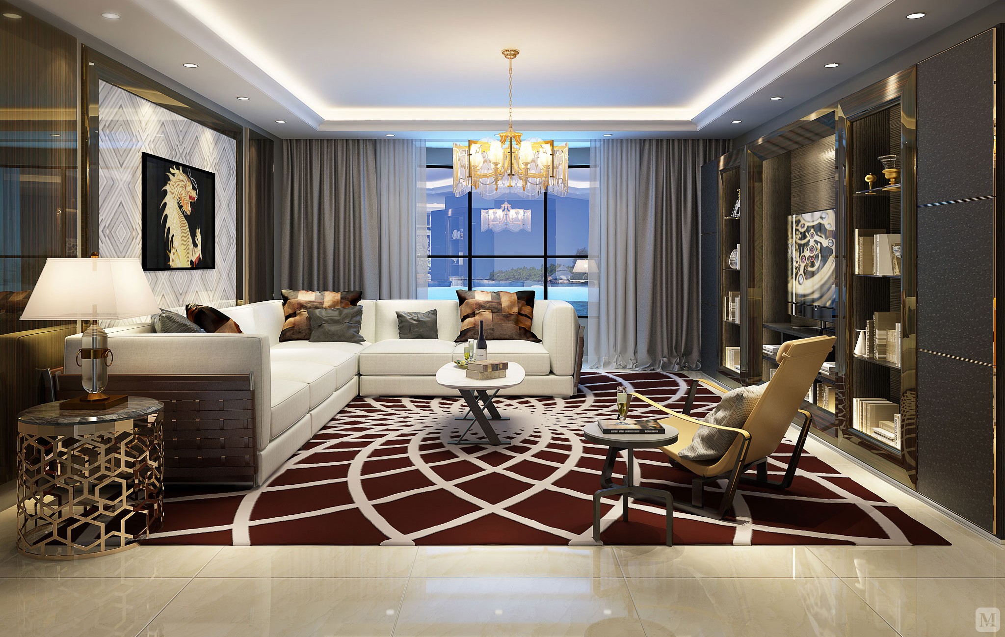 铿锵有力的空间,金色元素优雅贯穿,咖啡色金属腿支撑意大利岩板,奶油