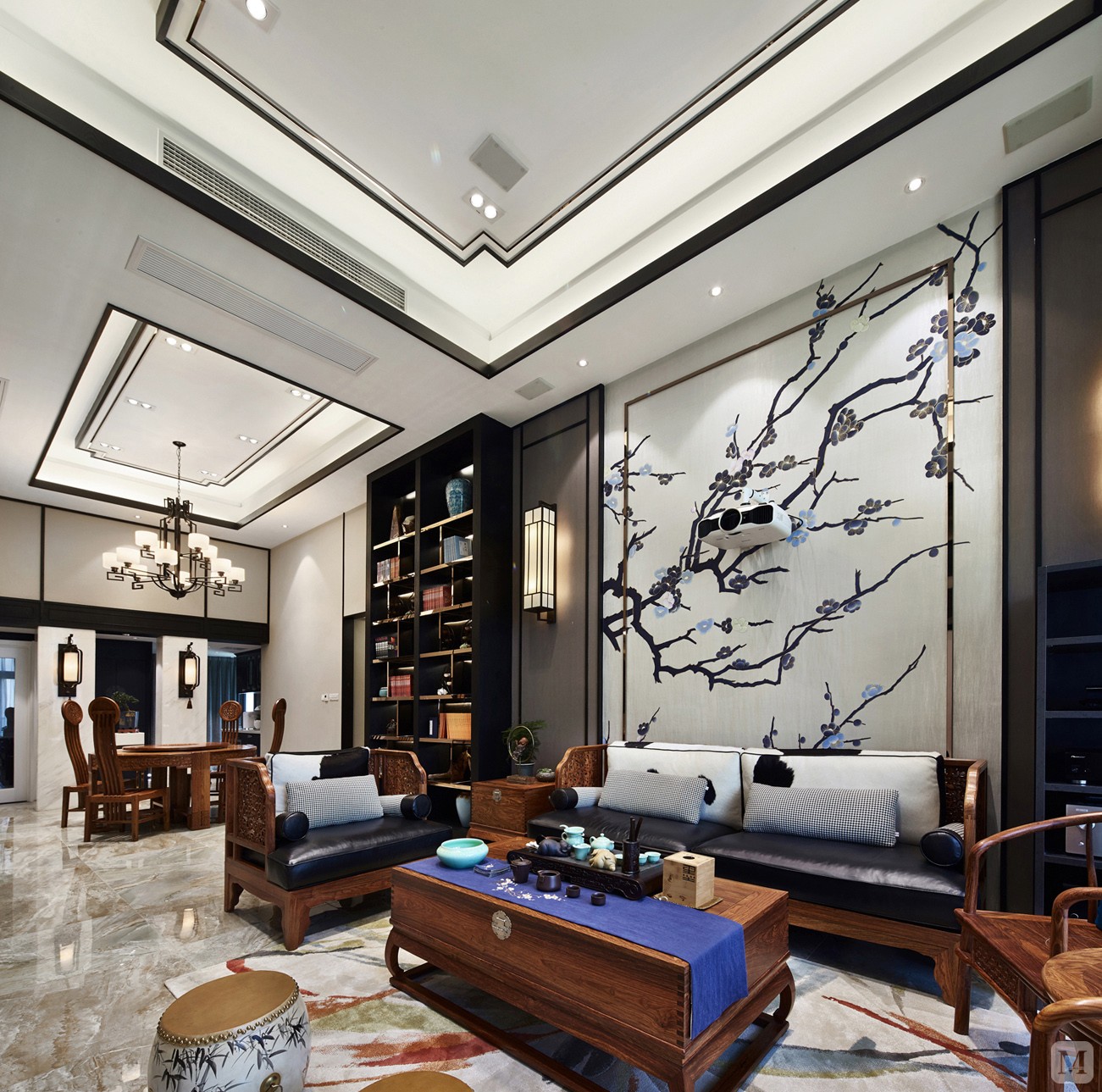 同时运用带有历史韵味的深色木制家具,大理石及砖雕作装饰;以深褐色