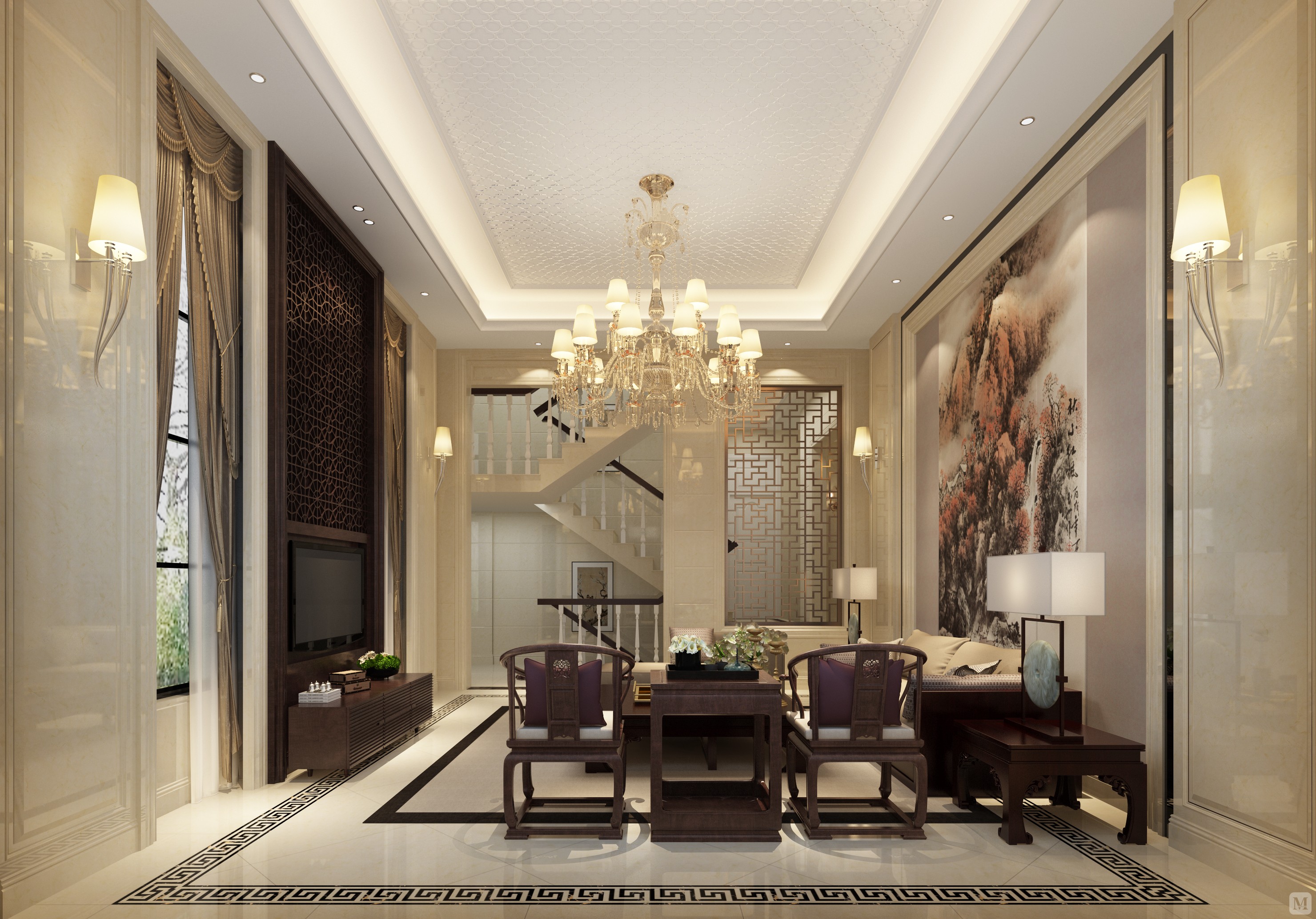 5万279㎡中式别墅装修简约新中式木式效果