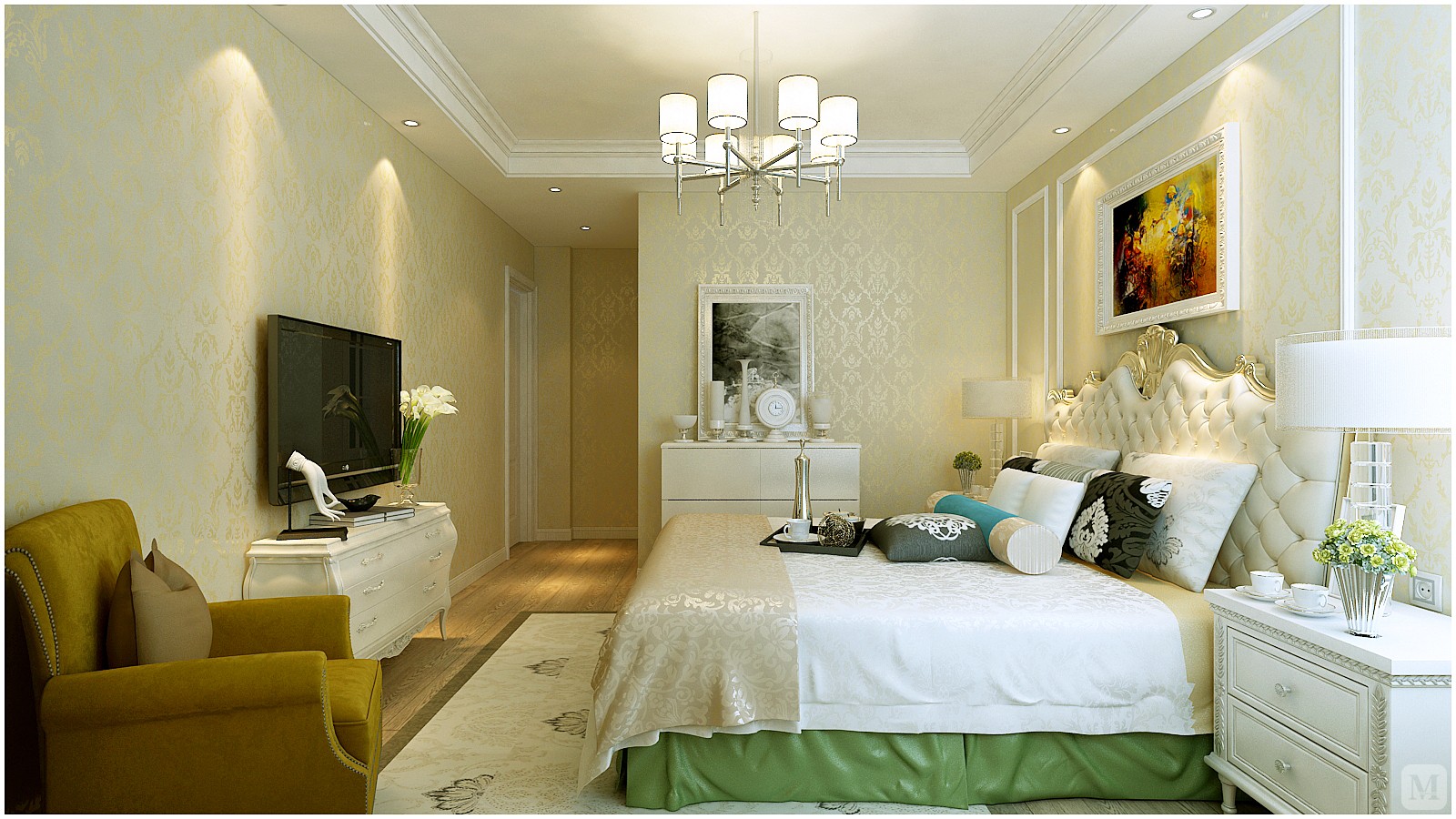 本案最终定义为欧式风格,采用欧式线条,壁纸,定制护墙板,软包整体色调