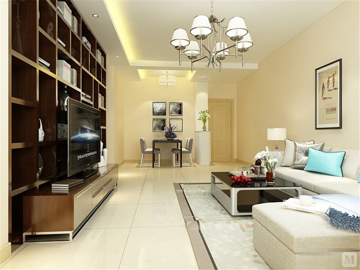 本次的设计风格是是简约风格,客厅墙面是浅米黄色的乳胶漆,电视柜后面