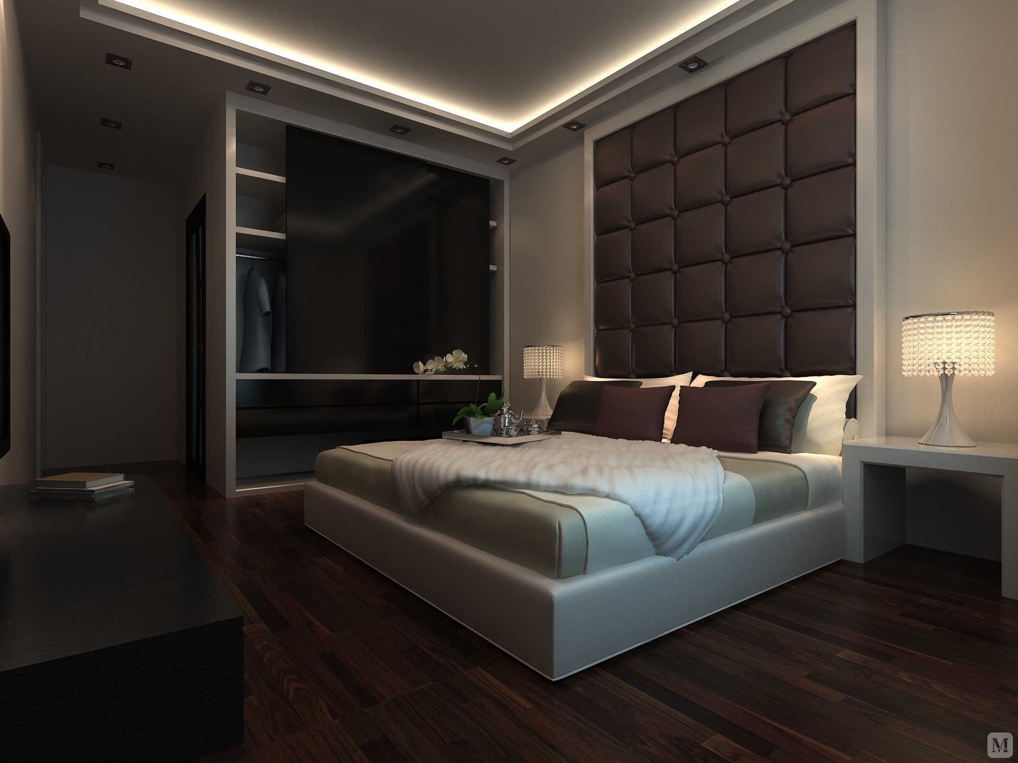 白色的天花板到白色的墙面，再到白色的家具，搭配上烟紫色的靠包和带有淡淡印花的床品，为洁净的纯白色空间加入一点浪漫的柔情。床边的木质楼梯完善了卧室里的收纳功能。卧室的设计充分体现出了简约而具品质的特征。简洁造型的床头搭配纯棉材质的床品，让睡眠空间温醇而舒适。紫色的地面让房间温婉优雅，整体空间与之搭配和谐，显现出完美的气质。