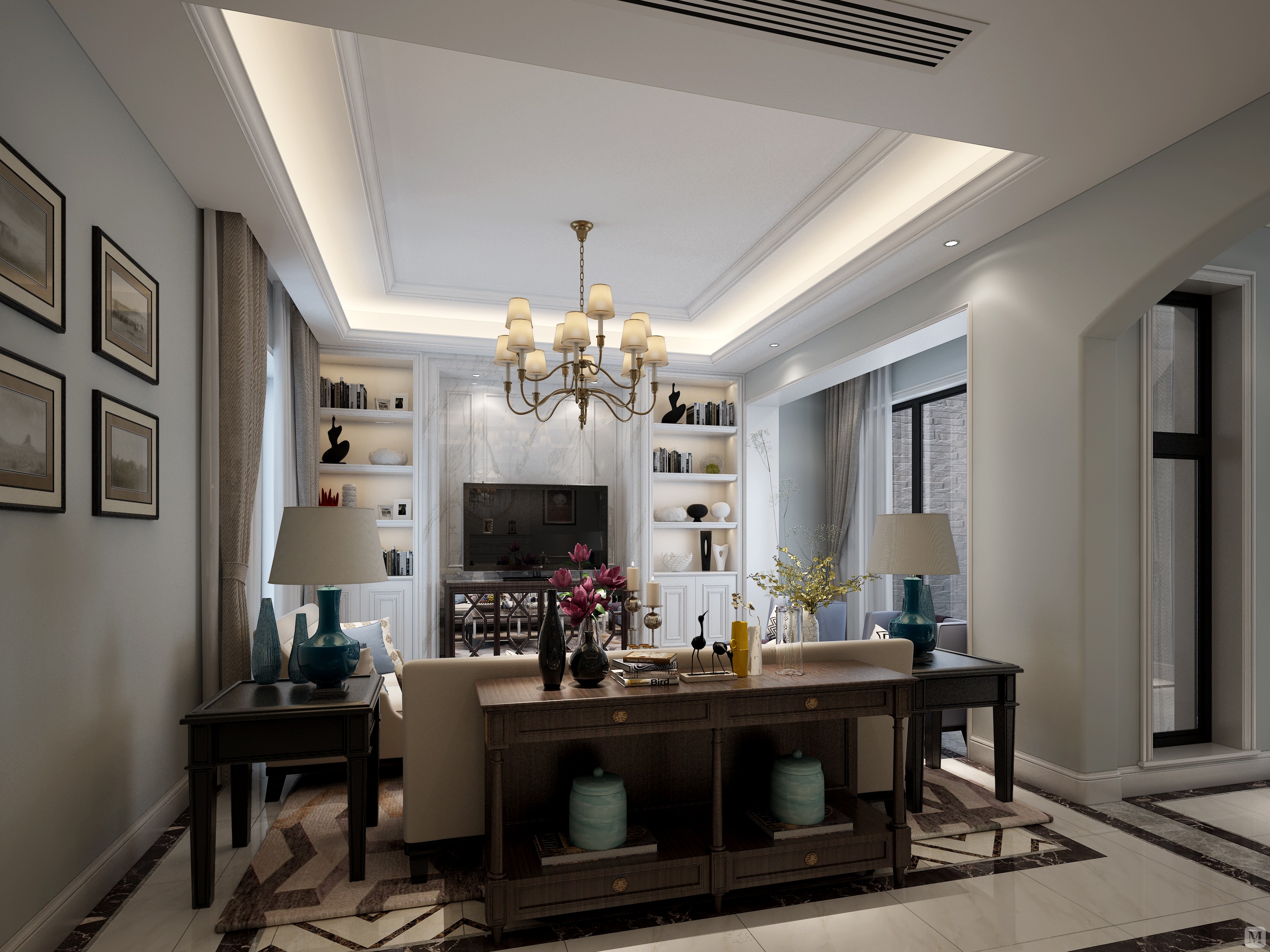 书房,把一至三楼的客厅与俩卧室进行向外延伸,叠级吊顶让空间更加宽敞