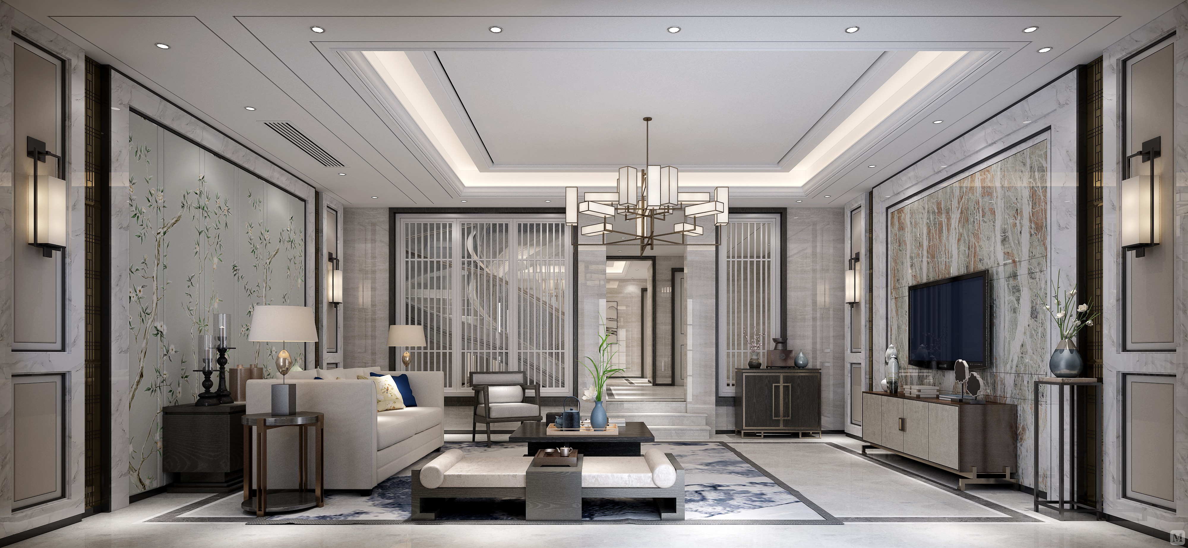 9万300㎡中式别墅装修水岸清华300㎡-新中式