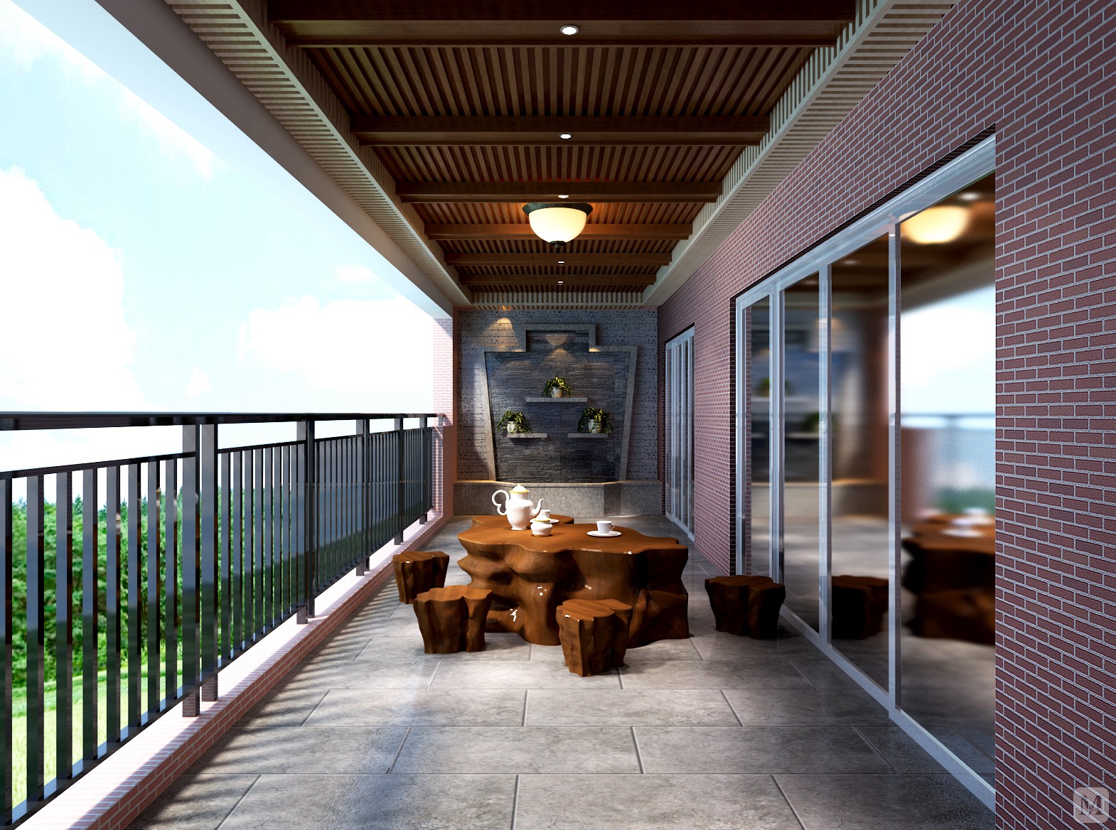 中式阳台窗帘装修效果图