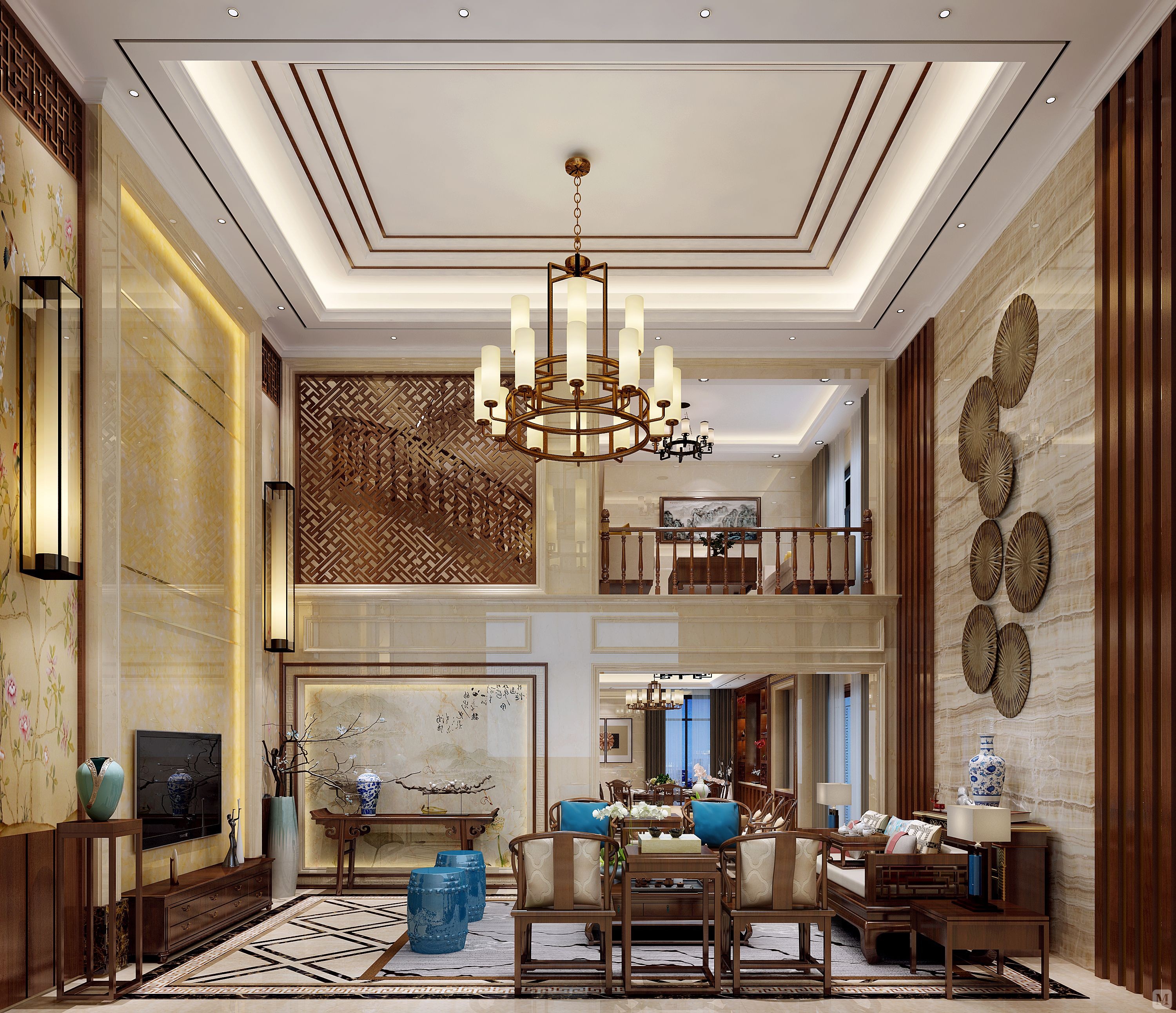 2万500㎡中式别墅装修卧龙山一号现代中式-红星美凯龙家装效果图