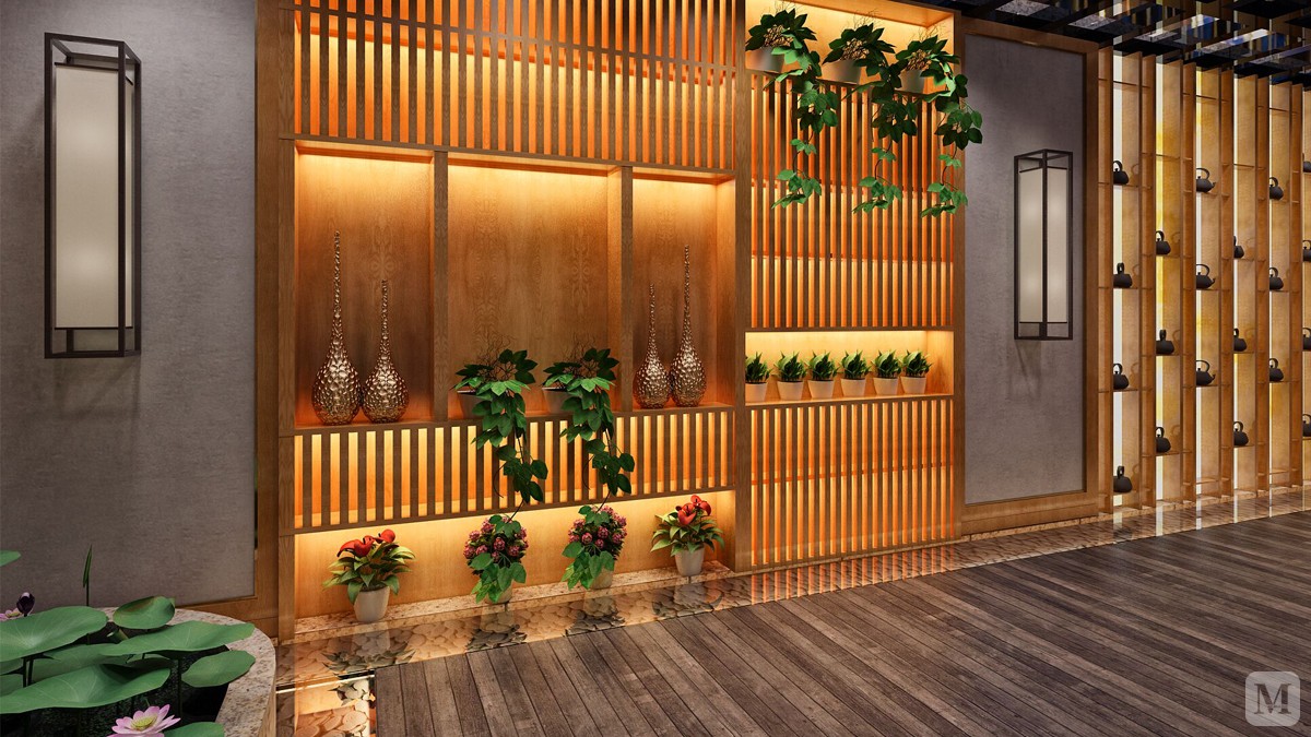 喝茶更雅致地下庭院:白色鹅卵石,灰色防腐木,自然搬进空间.