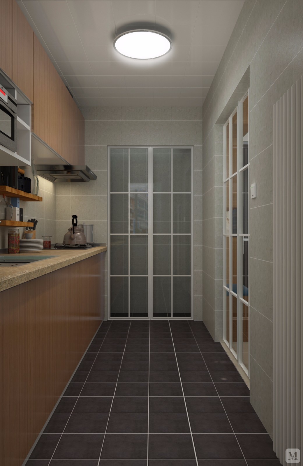 厨房简单明了，色调简洁大方。厨房与阳台相通，增大空间感，增强光线通透度。