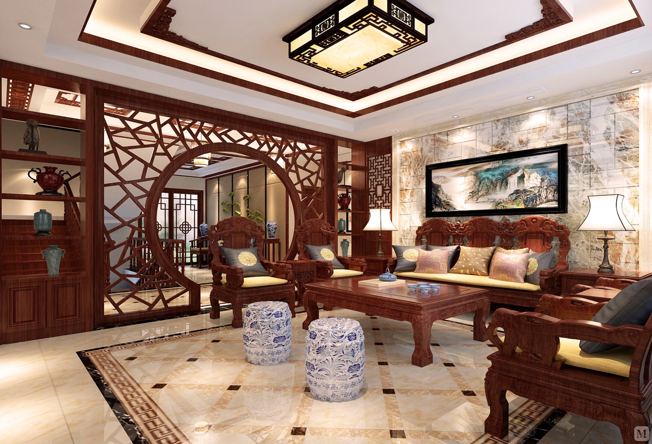 86.6万420㎡中式别墅装修自建别墅中式风格