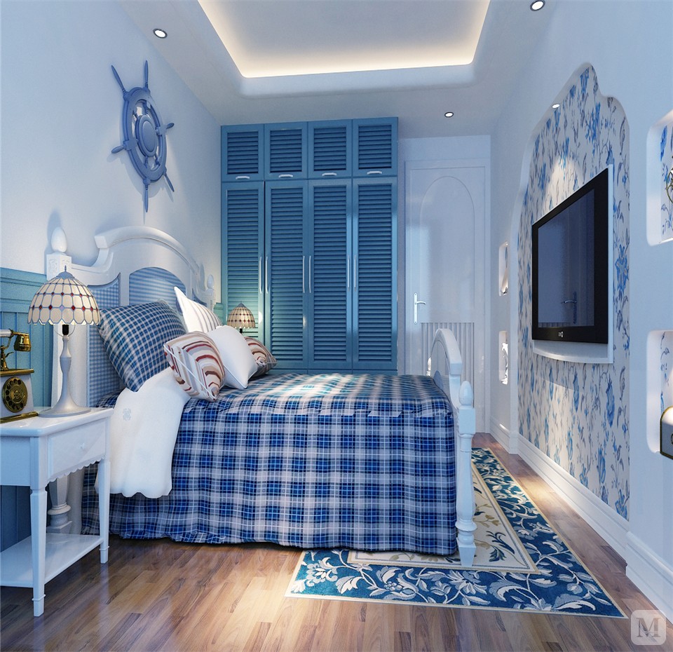 卧室天蓝色墙配窗帘图图片