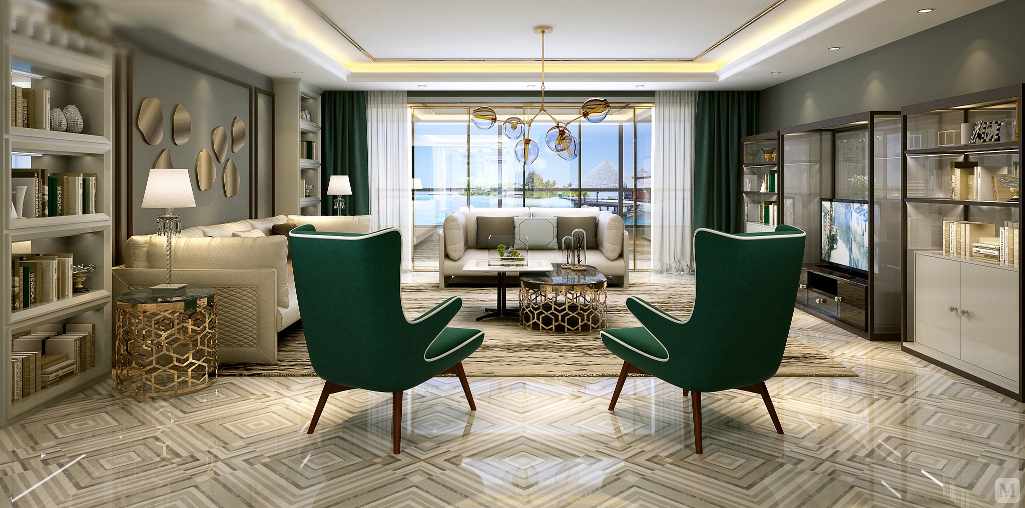 高级灰融入中国古典元素,金属石材与灰色墙壁背景相映衬,成为轻奢主义