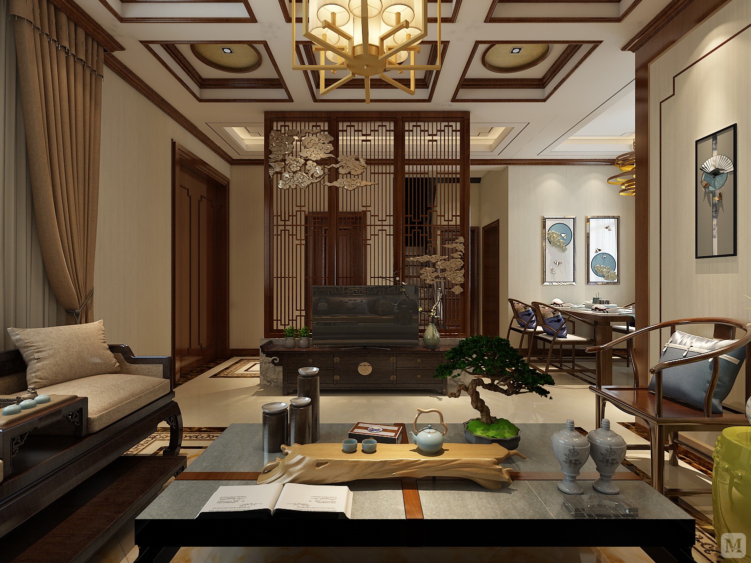 本案采用现代新中式风格,将具有传统文化及传统寓意的一些元素符号