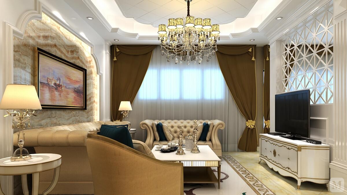 欧式客厅顶部喜用大型灯池,并用华丽的枝形吊灯营造气氛.