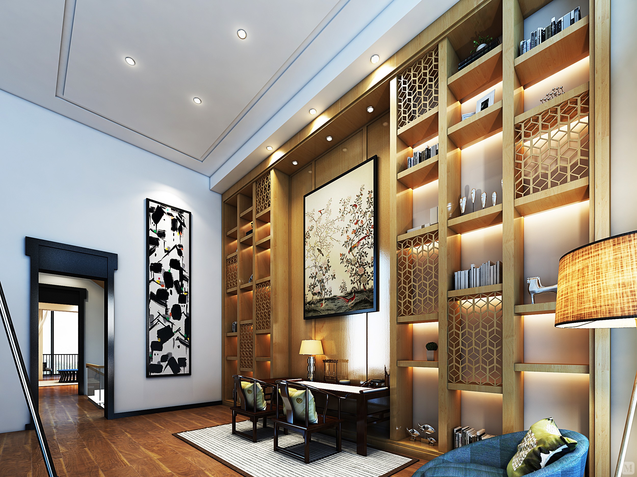 中式书架,挂画是主人的最爱,在这样的书房工作,阅读也是极好的呀.