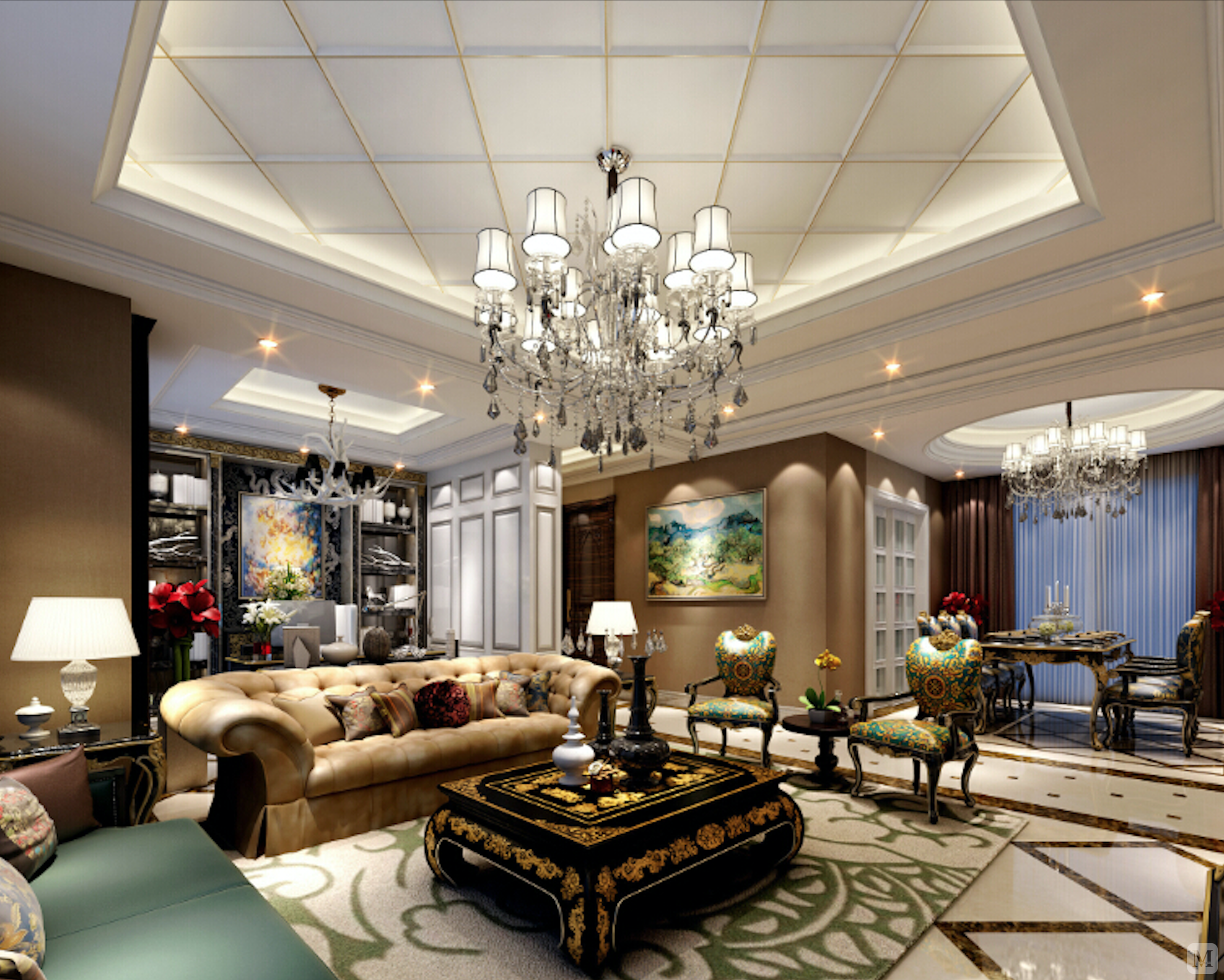 镂空花板藏入吊顶中,缀以水晶球的吊灯,仿佛冬季里轻舞飞扬的雪花,老