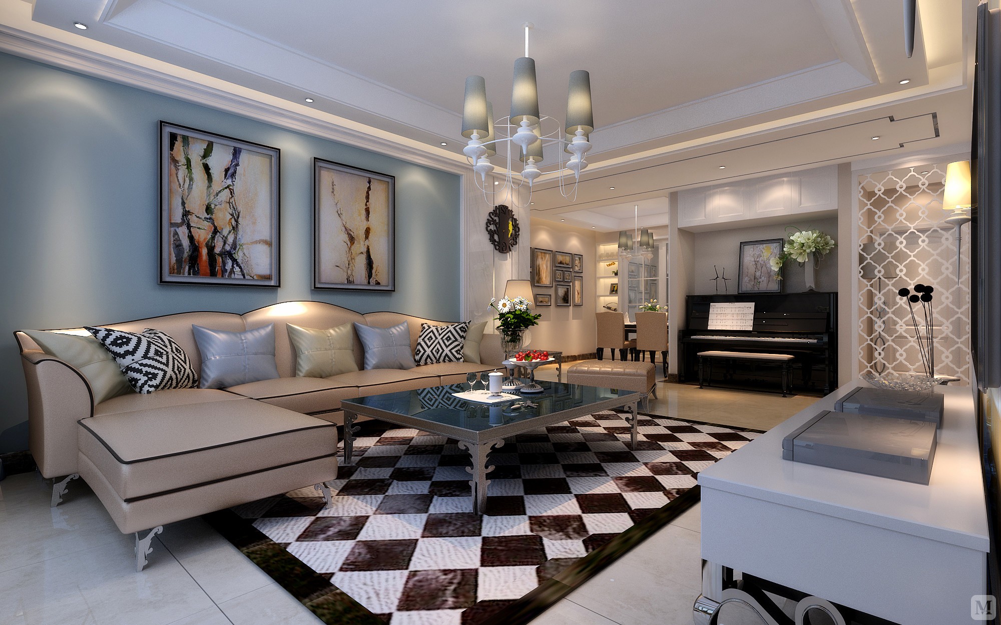 空间主要运用:灰镜,吊灯,壁纸.