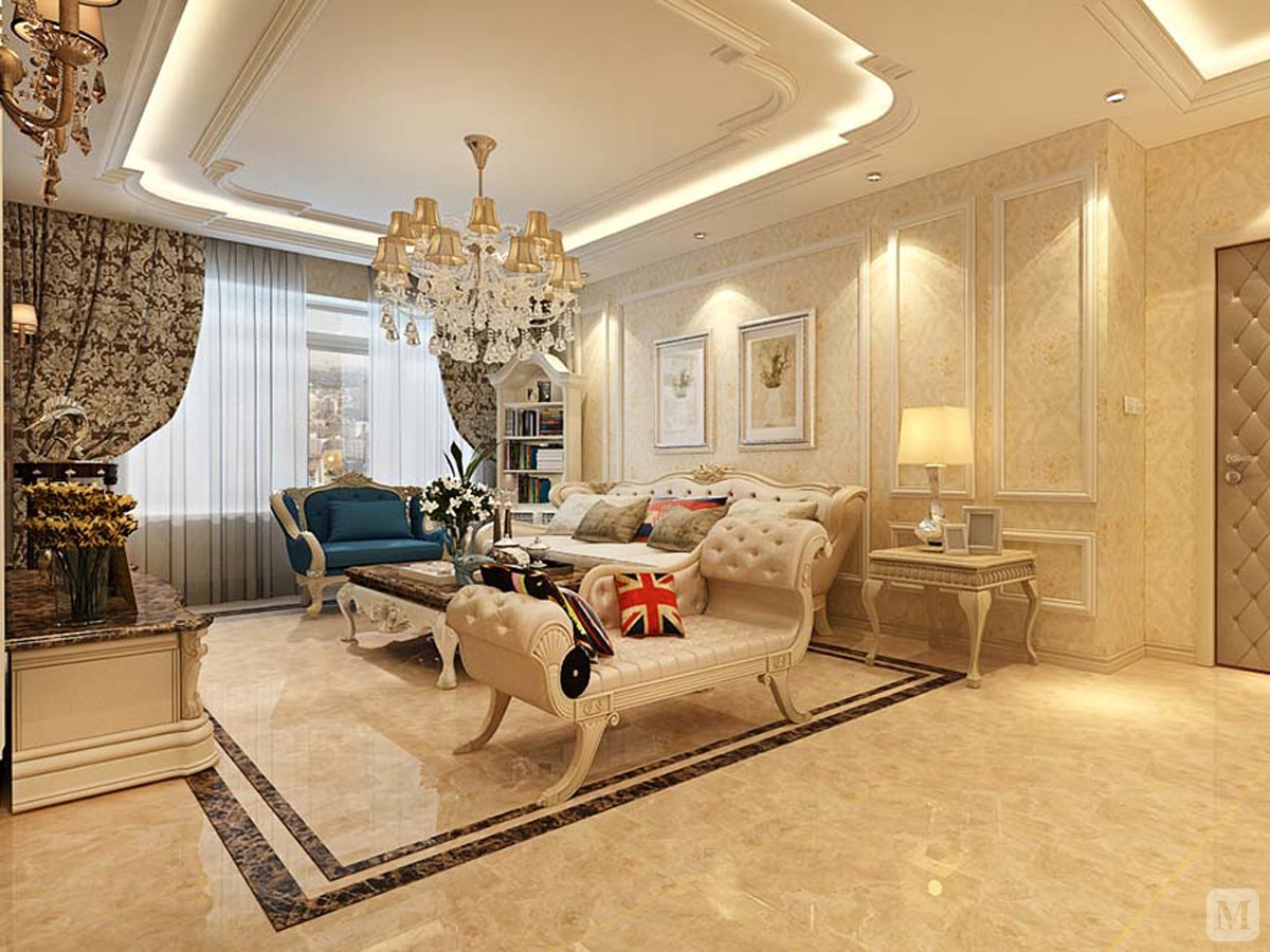 门窗上半部多做成圆弧形,并用带有花纹的石膏线勾边.