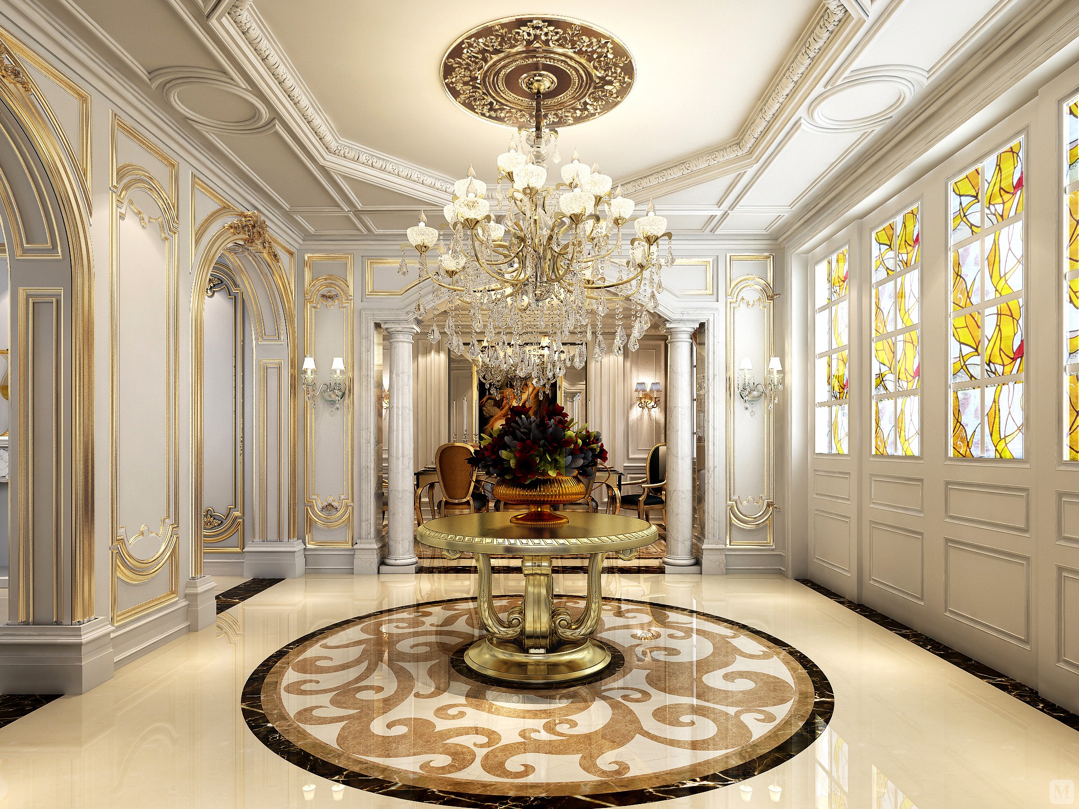 本案采用传统欧式风格的设计,华丽的欧式水晶吊灯,精致考究的花饰图案