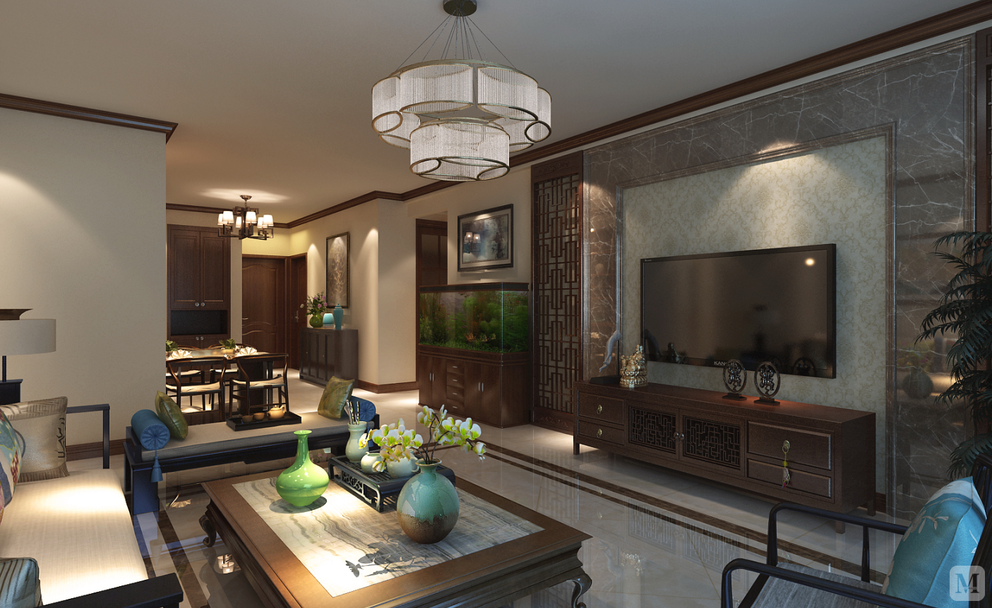 9万116㎡中式三房装修新中式中联艺境设计风格-红星美凯龙家装效果图