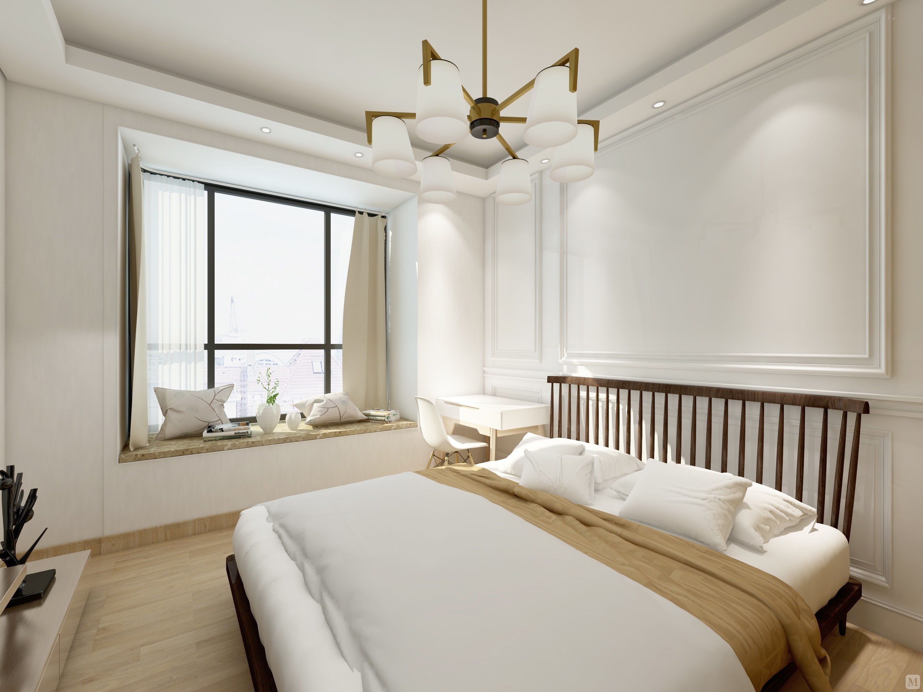 客厅的白色墙面发出的是淡雅清新的现代简欧味道,时尚的米白色调沙发