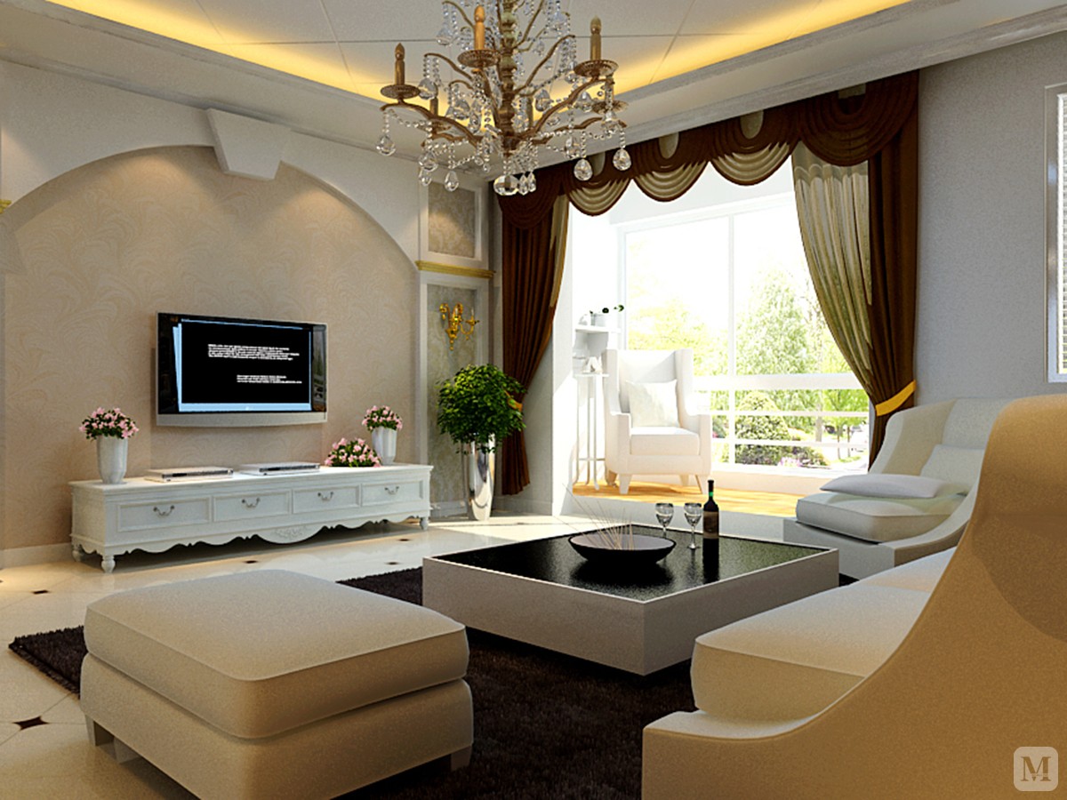 客厅的电视背景墙石膏线条勾勒外框,素色底色仙鹤栩栩动人,鹤唳破梅香