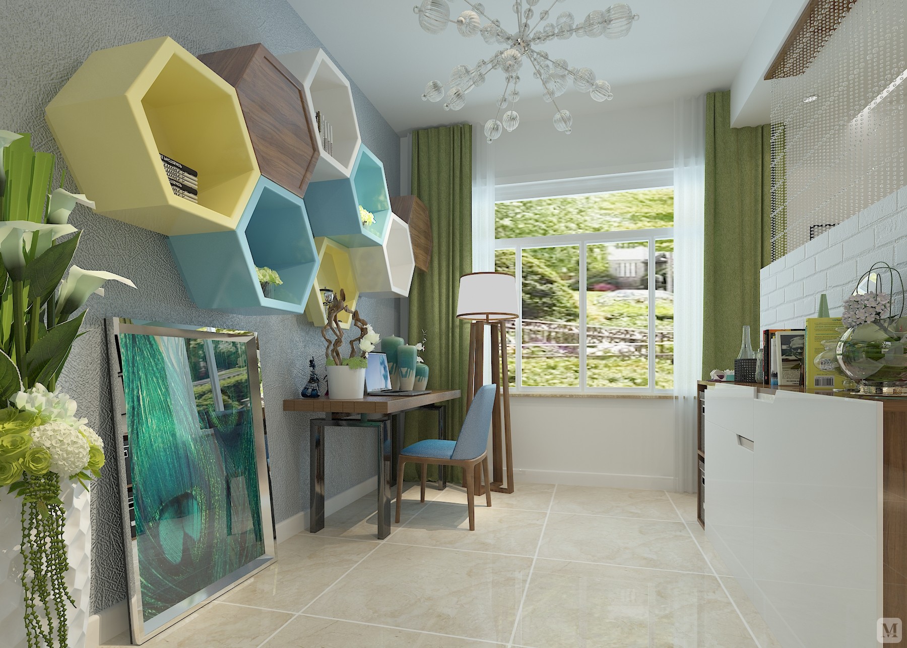 采用简单线条与丰富的色彩相结合,既体现了北欧的简洁,又中和了北欧