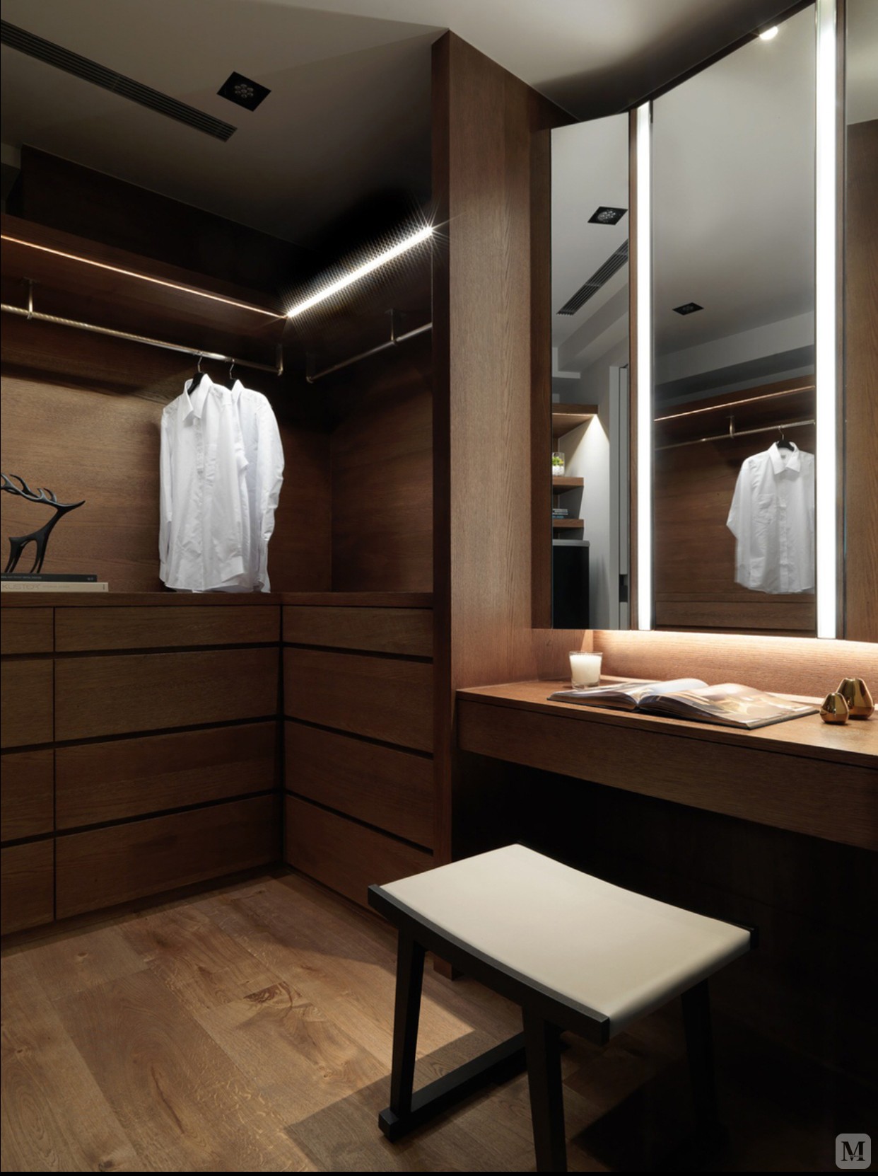 独立衣帽间设有化妆台,镜灯让立体轮廓更加清晰,使用起来效果更佳.