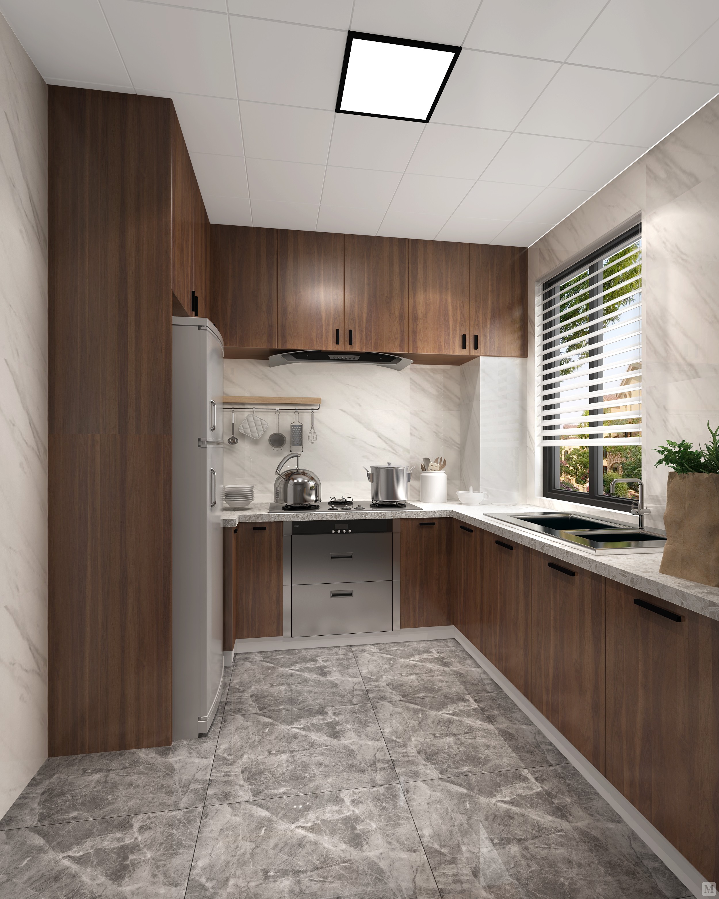 厨房采用了木色的整体橱柜,地面上的灰色瓷砖纹理才体现质感的同时也