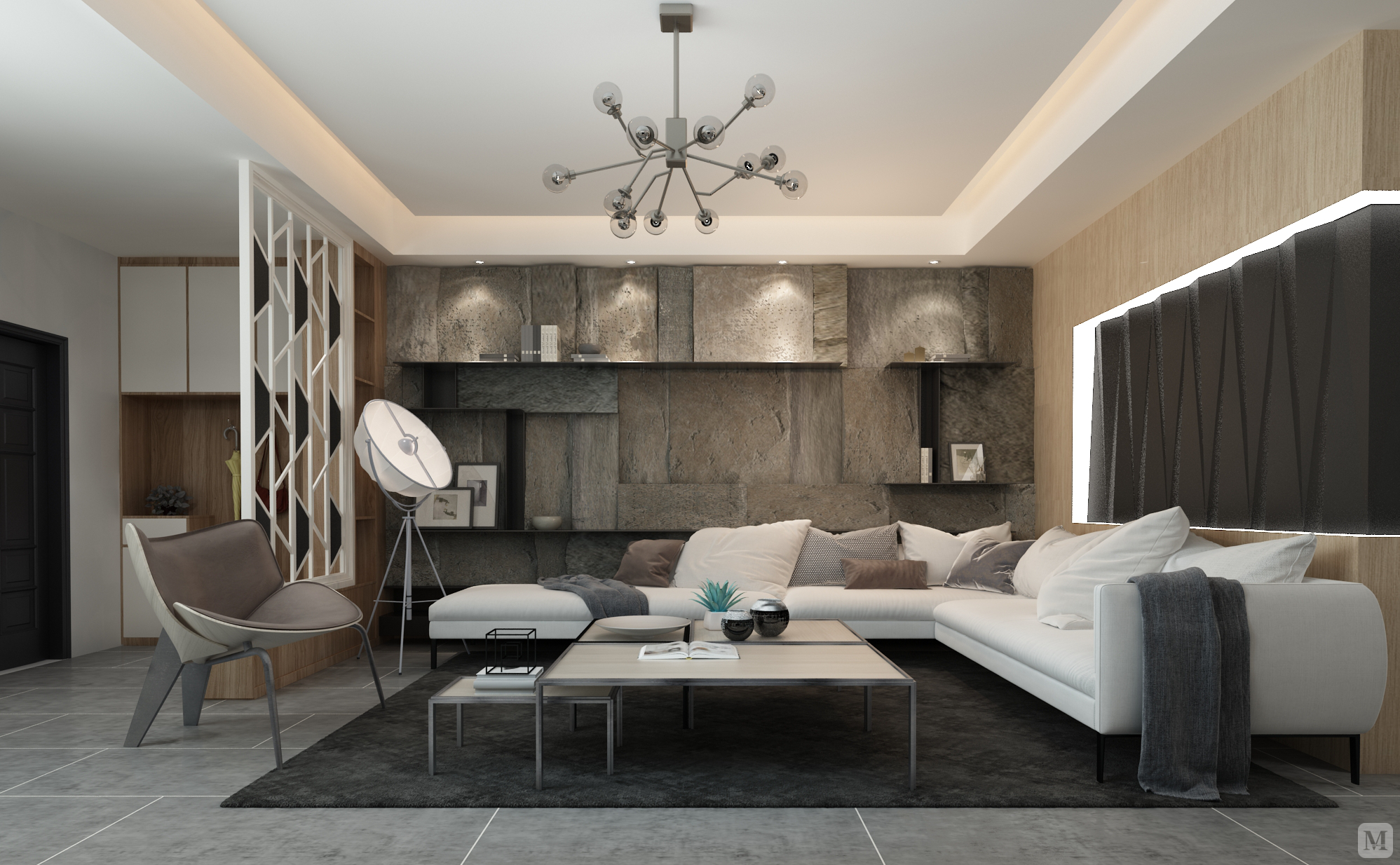 沙发墙配以凹凸感极强的灰色大理石,再加上天然木饰面的结合干净利落