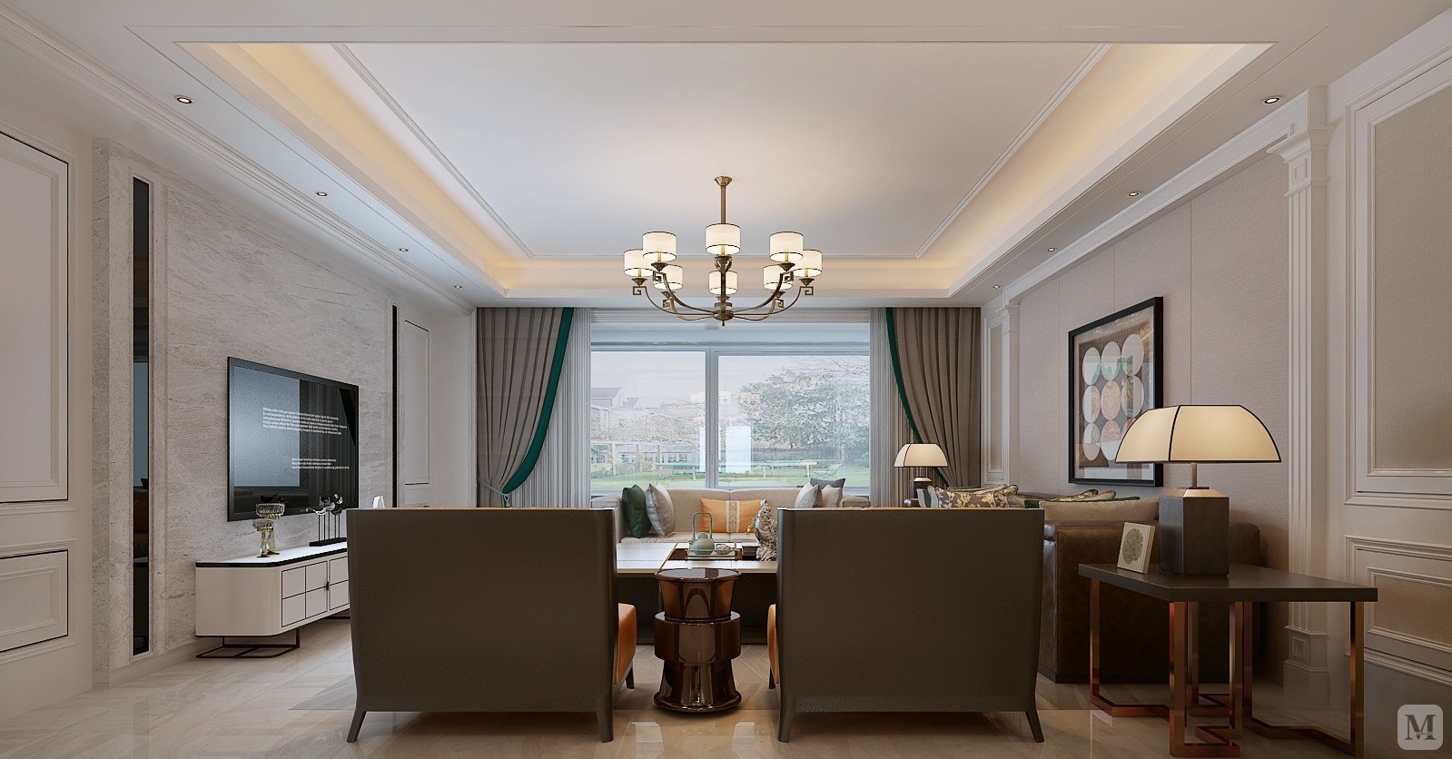 客厅是极具画面感的一个区域。白色铺陈出干净的场域氛围，木色与生俱来的温润属性和细腻质感注入地板和家具，配合直接的线条勾勒，展现出淡雅朴实的原始美感。
