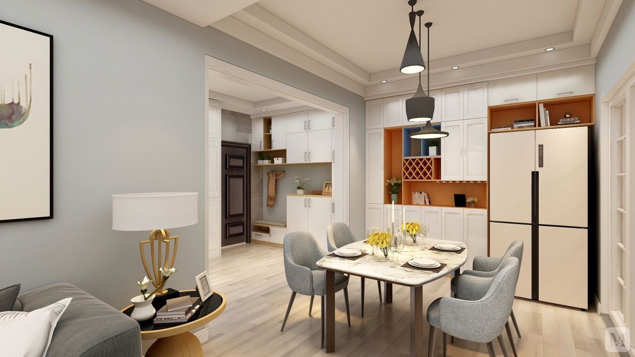 将冰箱嵌入在酒柜里面,一是整体感更加强烈,二是空间的充分利用,尽