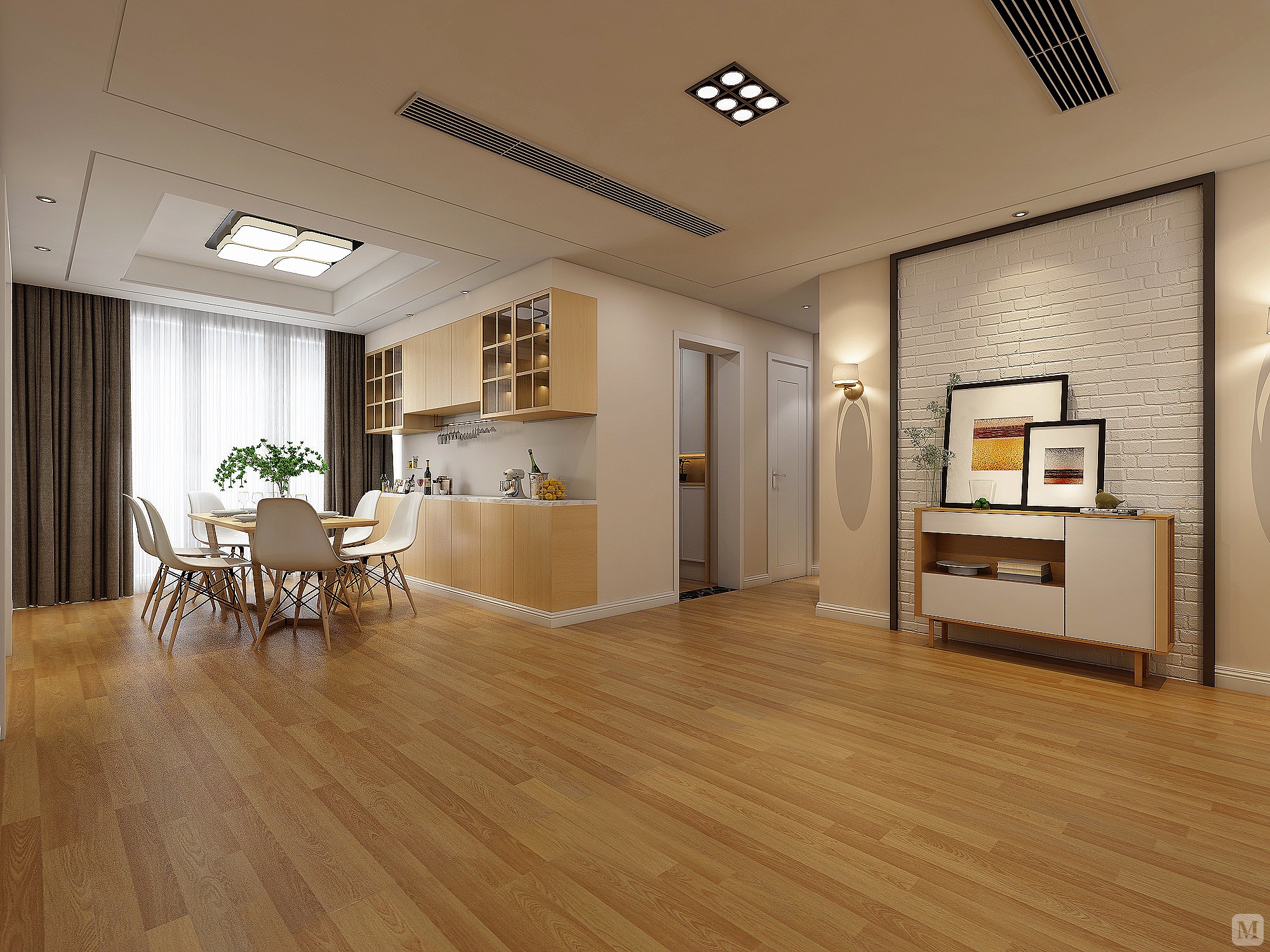 现代简约，简单大方，实木地板古色古香，让人进入客厅空间感受舒适，简单。实木点半、石膏平板线、软装家具、彩色乳胶漆等