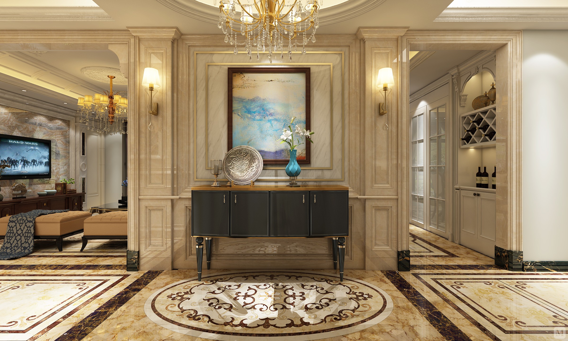 贵气加大气而又不失自在与随意的风格 【设计元素】:石材,护墙板,石膏