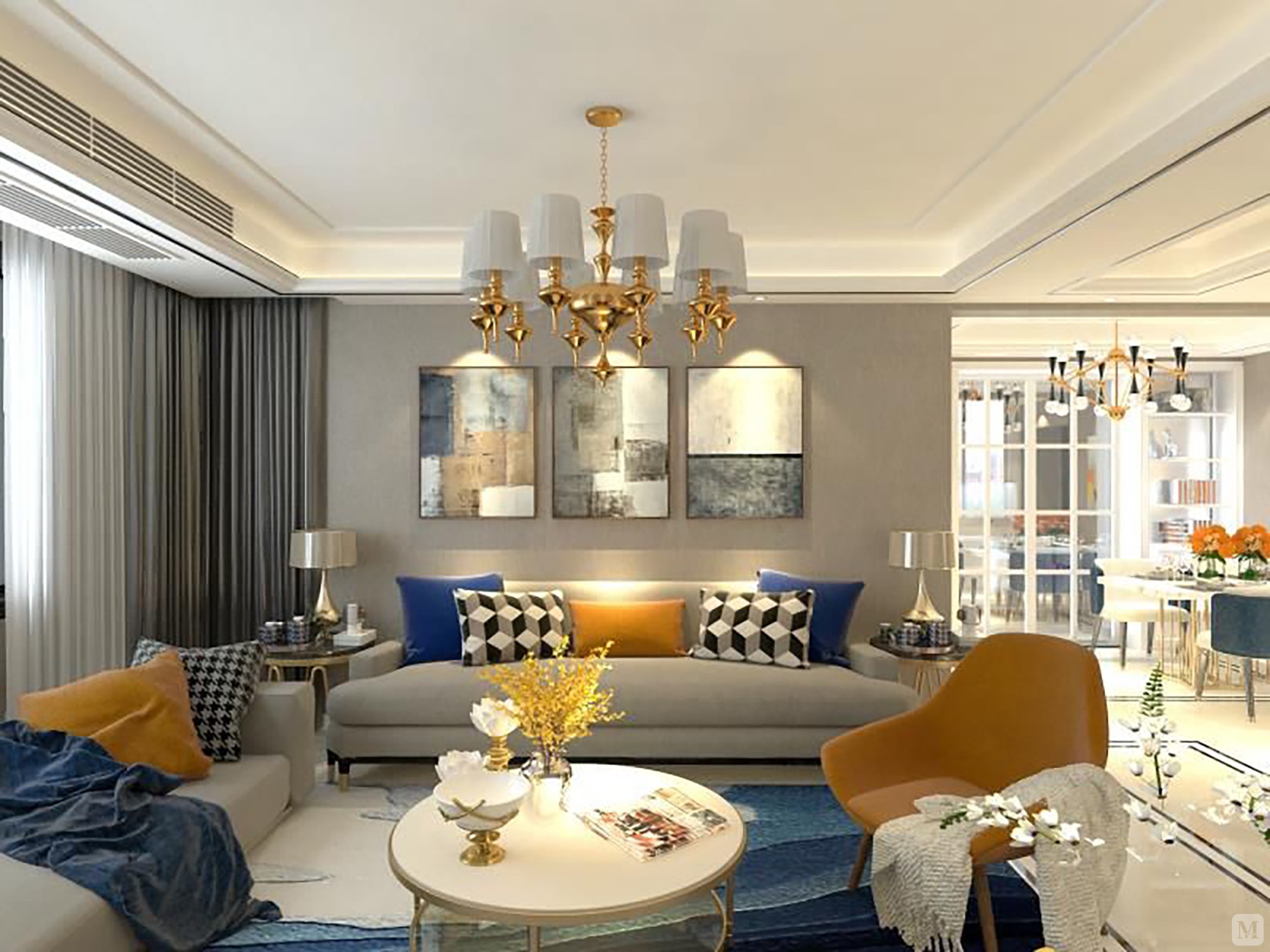 现代气息的硬装,搭配轻奢软装,体现了轻装修重装饰的设计理念,简单的